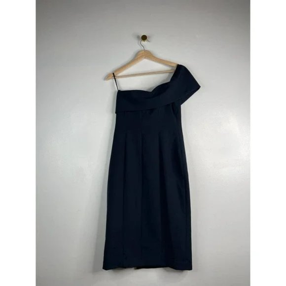 Eliza J Off The Shoulder Scuba Crepe Cocktail Dress Front Slit Navy Size: 6 NWOT - Picture 6 of 9